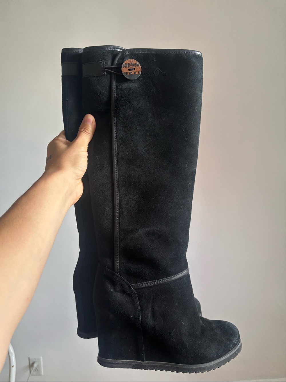 Miss Sixty Black Suede Wedge Knee-High Boots